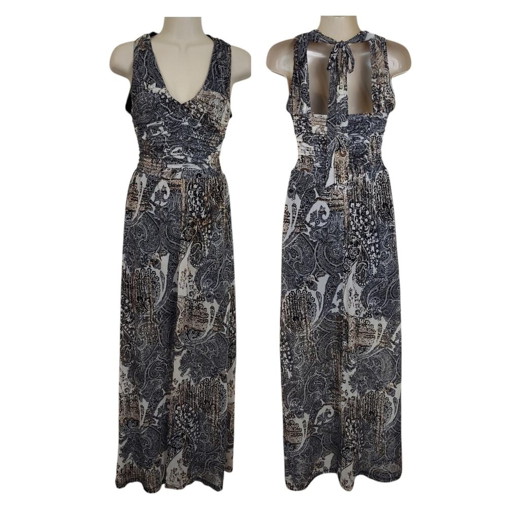 Cache Dress Women XS Black Paisley Maxi High Middle Split Halter V Neck Whimsy